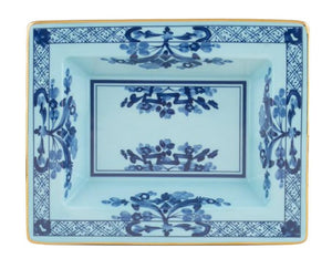 Ginori 1735 Oriente Italiano Iris Tray Collection: square porcelain dish, Antico Doccia shape, blue carnation and geometric pattern with gold-edged trim on a light iris blue background.