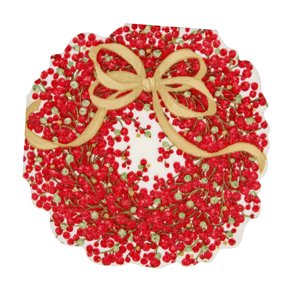 The Pepperberry Napkin Collection by Caspari features triple-ply napkins adorned with red berries, green leaves, and a gold bow, printed in Germany with nontoxic inks.