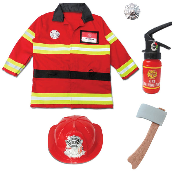 A child's Great Pretenders Firefighter Set with a jacket, helmet, badge, toy axe, and pretend fires displayed on a white background.