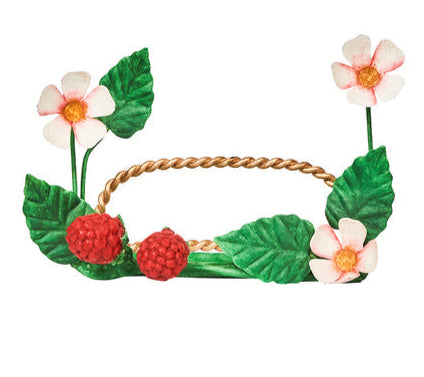 The Meadow Walk Raspberries Place Card Holder Set by Juliska features a decorative hand-painted metal frame with white flowers, green leaves, red berries, and a braided gold handle—perfect for elegant tables or unique place cards.