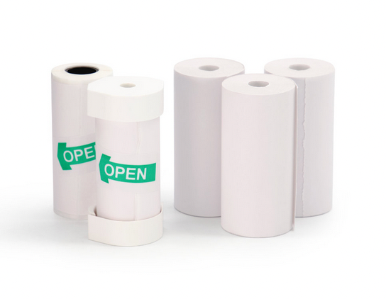 Four rolls of Kidamento Printing Paper Refill Set, Model P with "open" labels on a white background.