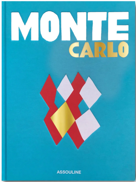 Book cover titled "Monte Carlo" featuring a graphic symbol in red, white, yellow, and blue colors on a blue background, capturing the essence of Monaco luxury travel, published by Assouline.