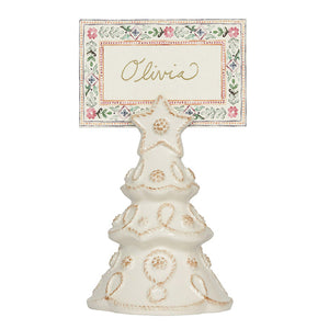The Juliska Berry & Thread White Tree Place Card Holder Set holds a name card labeled "Olivia" with a floral border.