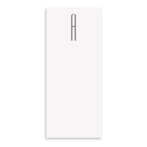 A white rectangular card with a bold gray "A" at the top—ideal for Black Ink's Gray Initial Skinny Notepad and made from sturdy 80# card stock.