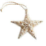 The Dekorasyon Mini Pearl Bottlebrush Star Ornament features a string for hanging, white artificial snow, and pearl-like beads, shown against a white background.