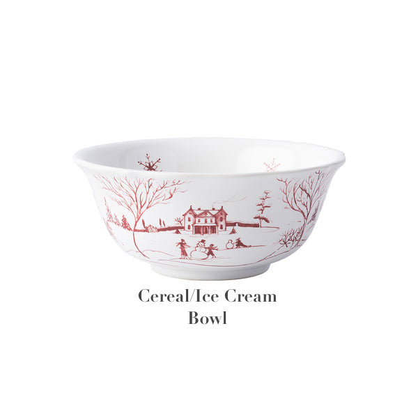 The Juliska Country Estate Winter Frolic Ruby Dinnerware Collection features a white ceramic "Cereal/Ice Cream Bowl" adorned with festive ruby winter scenes and an English Country Estate design, shown on a plain white background.