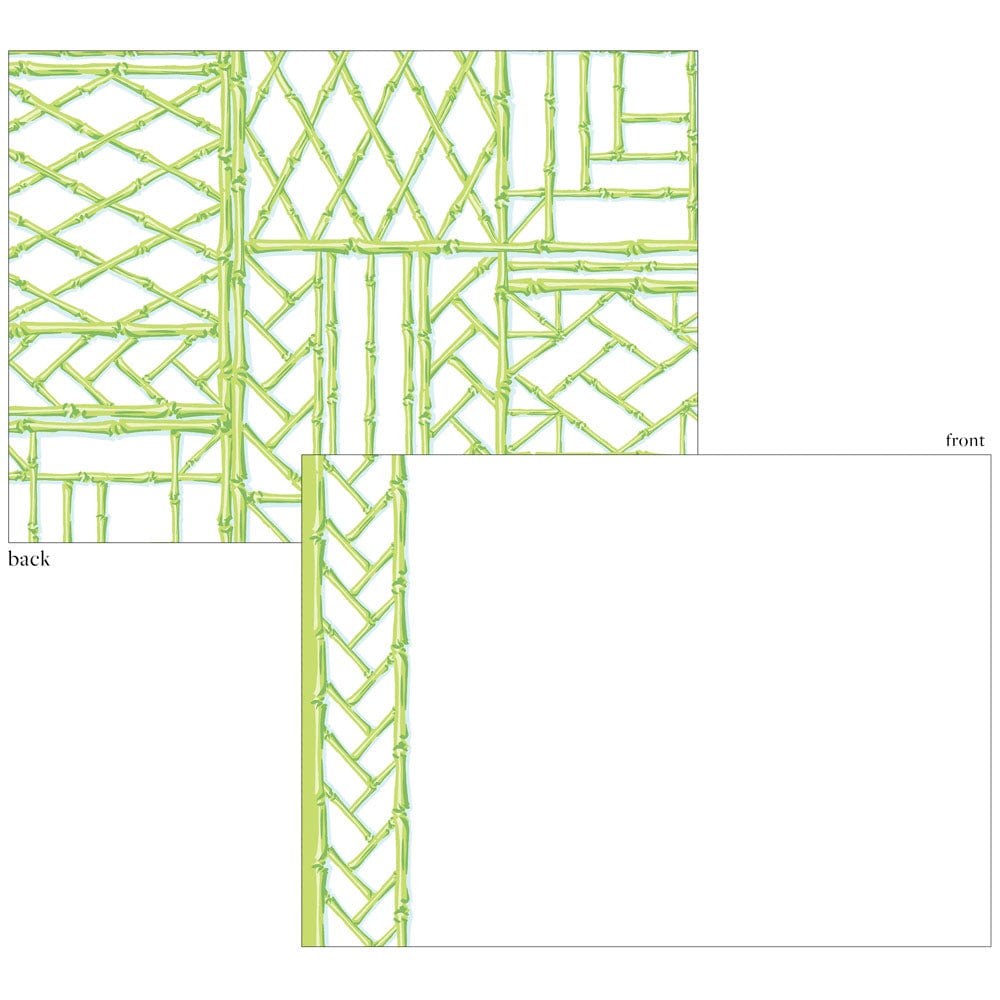 Caspari's Moss Green Bamboo Screen Card Set features blank correspondence cards with a geometric green bamboo border on heavyweight cardstock. The front has a blank white center; the back is fully patterned—ideal for modern stationery needs.