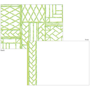 Caspari's Moss Green Bamboo Screen Card Set features blank correspondence cards with a geometric green bamboo border on heavyweight cardstock. The front has a blank white center; the back is fully patterned—ideal for modern stationery needs.