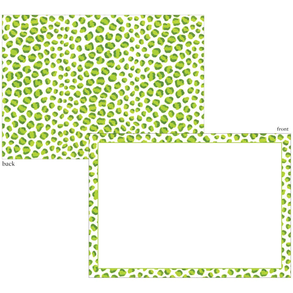 The Caspari Green Just Spots Card Set includes two heavyweight rectangular cards: one fully covered in green spots, the other with a green spotted border and blank center. Both cards are labeled "front" and "back.