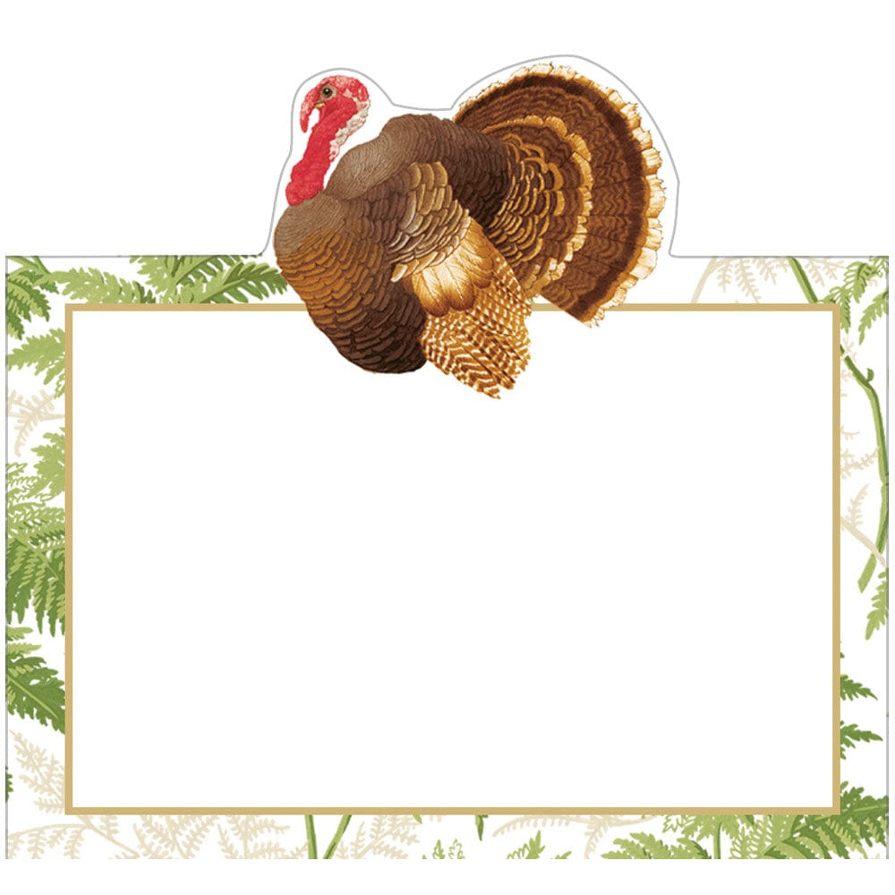 Illustration of a turkey at the top center of a blank card bordered with green ferns, perfect for autumn settings or pairing with Caspari's Turkey Among Ferns Partyware Collection.