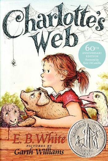 Cover of the "Charlotte's Web" 60th anniversary edition by E. B. White, a classic in children's literature, featuring illustrations of a girl, a pig, and a spider published by Harper Collins.