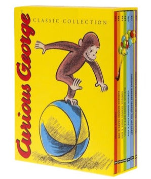 A box set of the "Curious George Classic Collection" books by H. A. Rey, published by Harper Collins, featuring an illustration of the character George balancing on a ball on the cover, perfect as a bookshelf addition