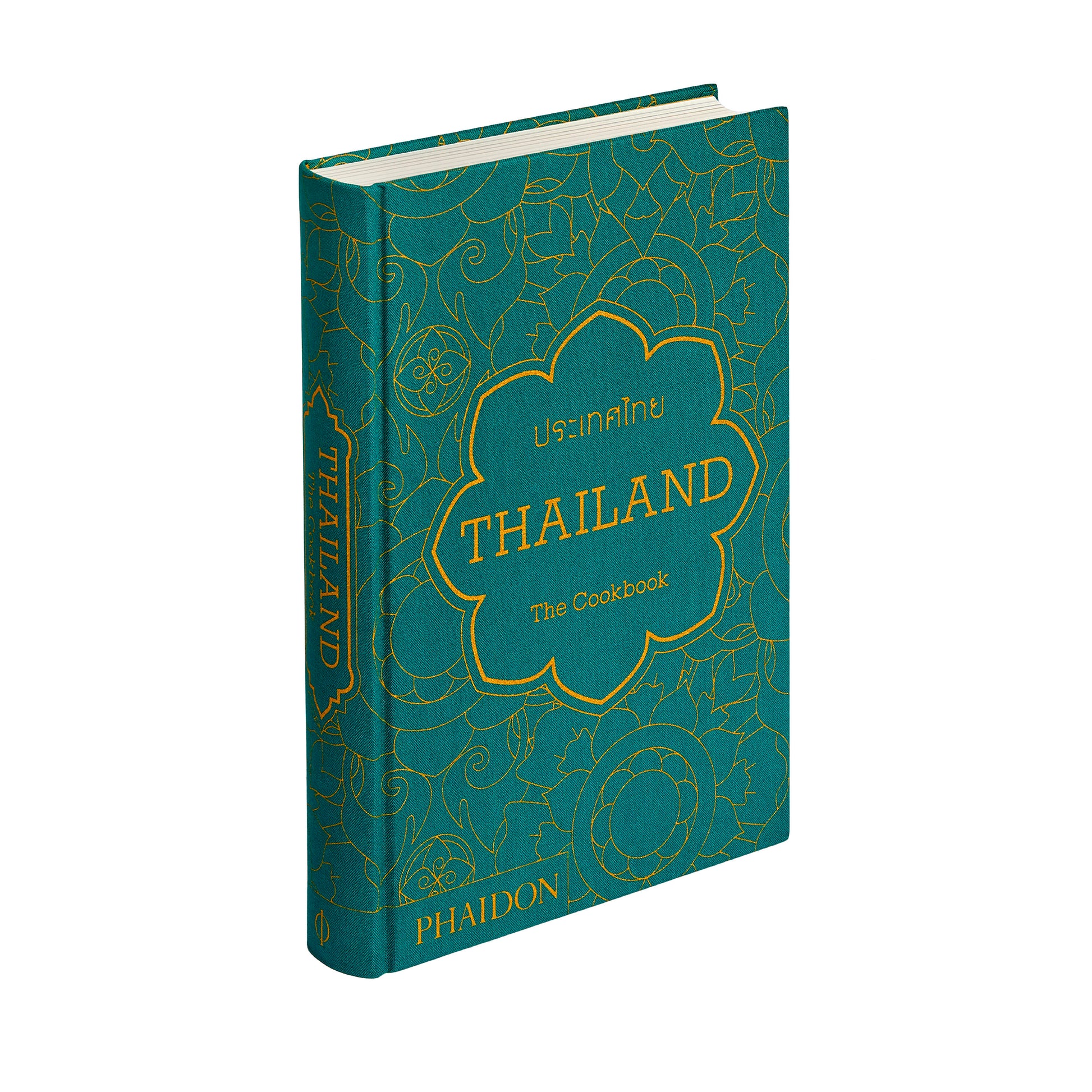 A hardcover cookbook titled "Thailand: The Cookbook" by Phaidon with decorative patterns and Massaman Curry illustrations on the cover.