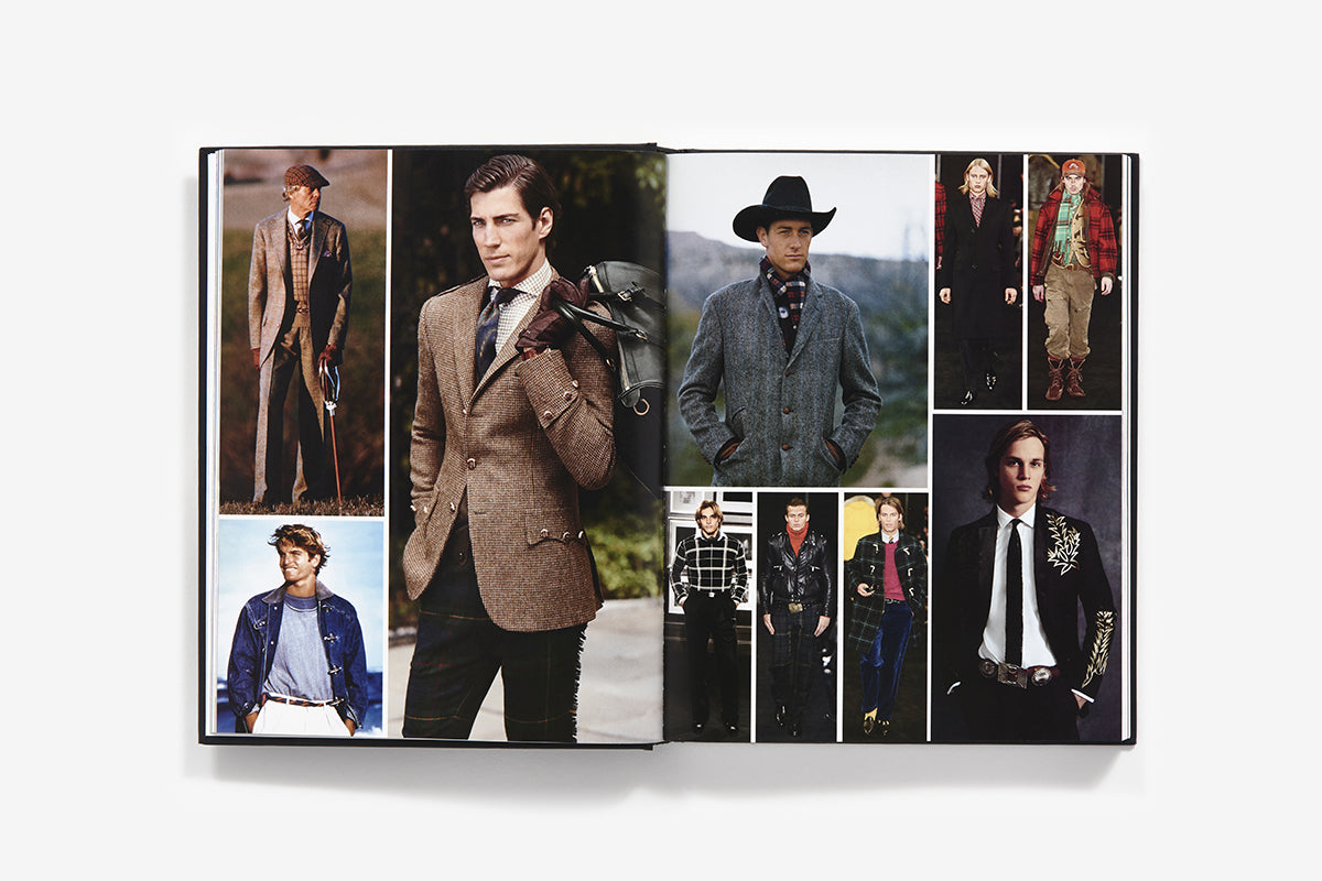 The Abrams book "Ralph Lauren: In His Own Fashion" lies open like a coffee table magazine, showcasing male models in suits, cowboy hats, and western-inspired jackets on its crisp white pages.