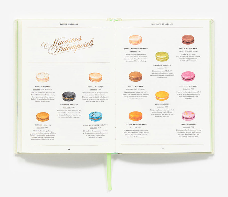 An open copy of "The Little Book of Ladurée: Patisserie" by Abrams shows descriptions and images of twelve colorful macarons, each pictured in a different shade against a white background.