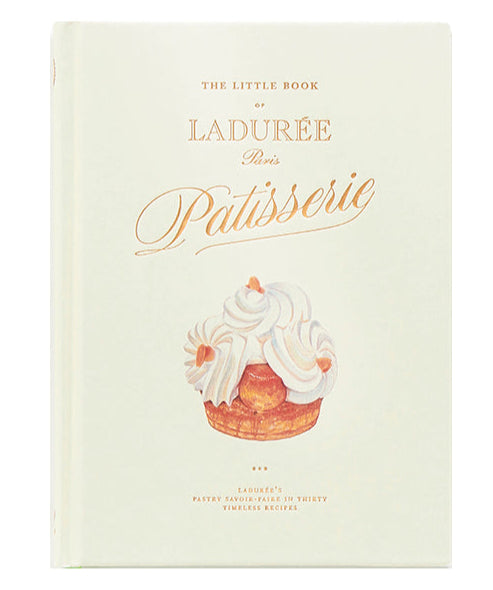 The cover of "The Little Book of Ladurée: Patisserie" by Abrams showcases a delicate pastry illustration and elegant gold script on a pale background.