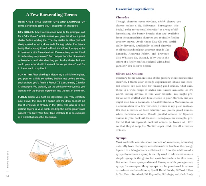 Two pages from Cheers! Cocktails & Toasts to Celebrate Every Day of the Year by Union Square & Co. highlight drinks culture with a bartending glossary, key ingredients, and illustrations of cocktail glasses, a cherry, and popular recipes.