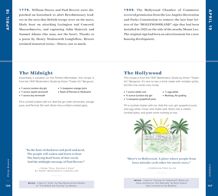 Two pages from "Cheers! Cocktails & Toasts to Celebrate Every Day of the Year" by Union Square & Co. present April 18 and 19 facts plus recipes—The Midnight and The Hollywood—with ingredients, steps, and classic cocktail culture.