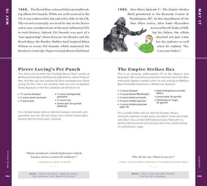 Two book pages from "Cheers! Cocktails & Toasts to Celebrate Every Day of the Year" by Union Square & Co. feature purple accents, text on The Beach Boys, Star Wars, and cocktail recipes, with toast headers for May 16 and May 17.