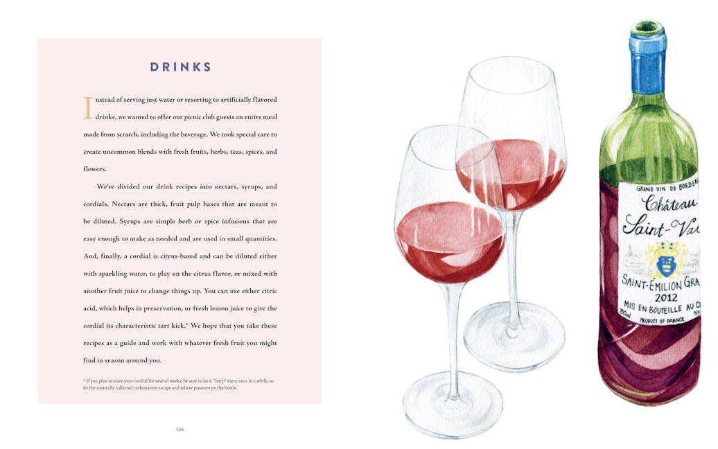 An illustrated bottle of red wine stands beside two filled glasses; on the left, text introduces "Paris Picnic Club: More Than 100 Recipes To Savor and Share" by Union Square & Co., highlighting a curated selection of flavorful recipes and drinks.