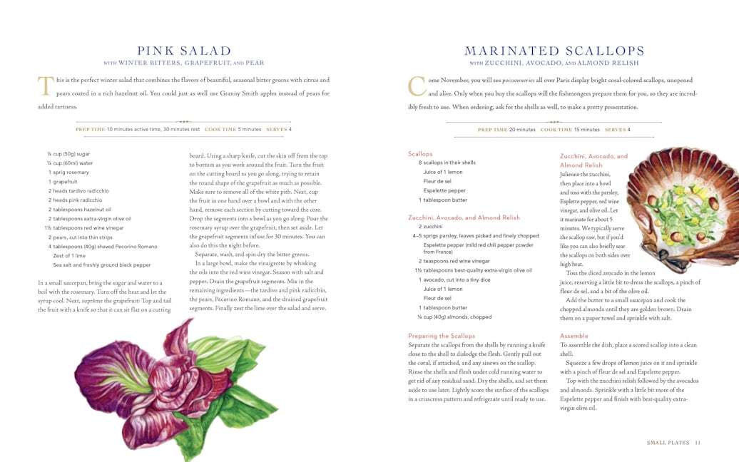 A curated spread from “Paris Picnic Club: More Than 100 Recipes To Savor and Share” by Union Square & Co. features “Pink Salad” and “Marinated Scallops” with detailed recipes and botanical pink flower art beside each dish.
