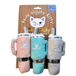 The Haute Diggity Dog Snuggly Cup 3-Pack Catnip Toys features pink, blue, and gray coffee cup-shaped plush toys, each filled with organic catnip for your cat’s enjoyment.