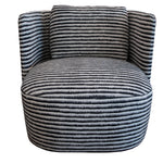 Introducing the Hudson Swivel Club Chair by Verellen, featuring stylish Corfu Stripes with a rounded back and a rectangular cushion on the seat. Perfect for adding a touch of West Palm Beach elegance to any room.