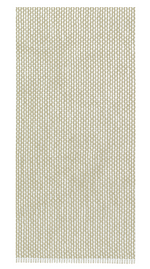 The MUkitchen Honeycomb Towel Collection features beige and white woven towels with a geometric honeycomb pattern and fringed edges.