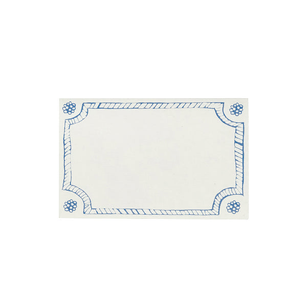 The Juliska Berry & Thread Place Cards feature a blank rectangular design with a blue decorative border and small blue florals in each corner, inspired by the classic Berry & Thread motif—perfect for your table setting.