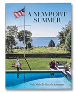 A Newport Summer" by Vendome features a cover with a Rhode Island poolside scene, showing a person walking two dogs near an American flag, set against tranquil waters and historic Gilded Age houses.