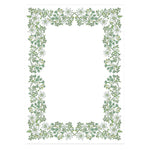 The Chalet Chintz Green Notepad by Dogwood-Hill features a rectangular white sheet bordered with green vines and white flowers, creating a stylish frame ideal for notes or messages.