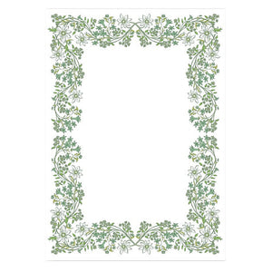The Chalet Chintz Green Notepad by Dogwood-Hill features a rectangular white sheet bordered with green vines and white flowers, creating a stylish frame ideal for notes or messages.
