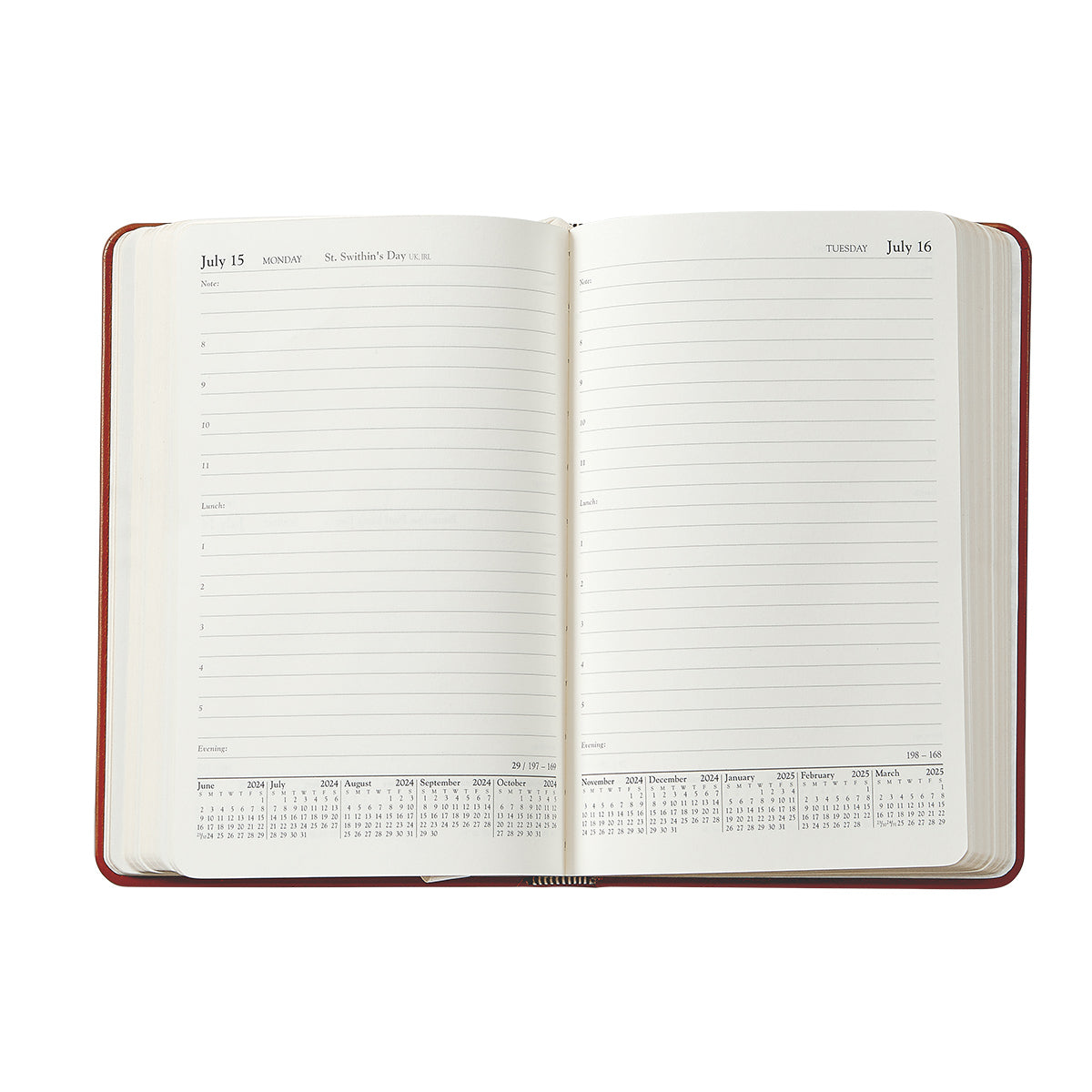 The 2026 Daily Journal Planner Collection by Graphic Image features a day-at-a-view layout with lined sections for appointments and notes, dated pages for July 15 and 16, plus a small yearly calendar at the bottom.