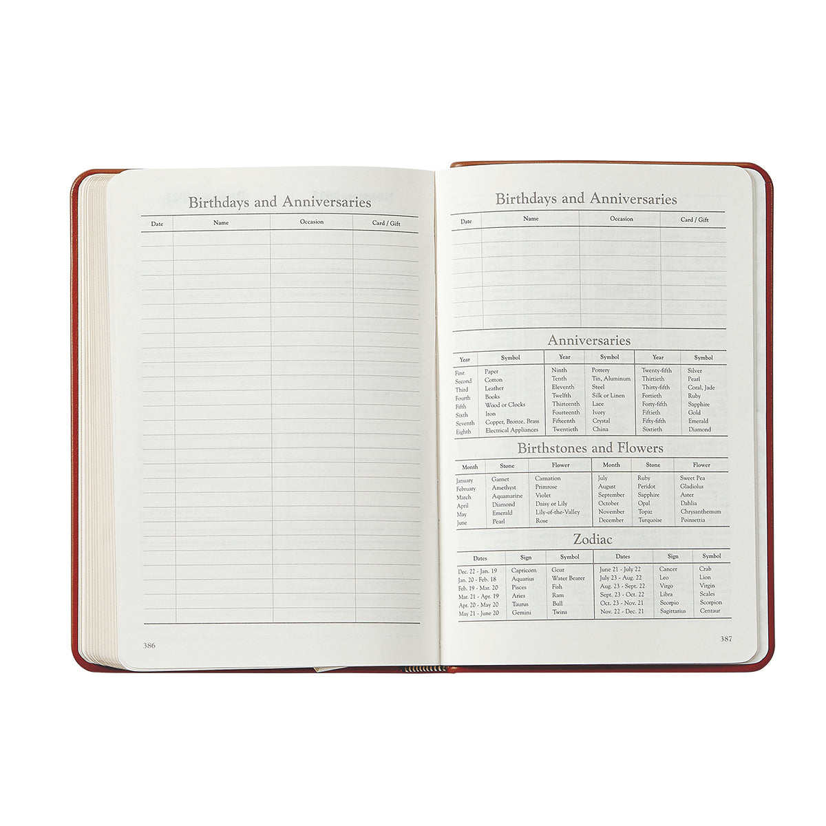The 2026 Daily Journal Planner Collection by Graphic Image features a two-page "Birthdays and Anniversaries" spread with columns for date, name, occasion, gifts, plus charts of anniversaries, birthstones, flowers & zodiac.