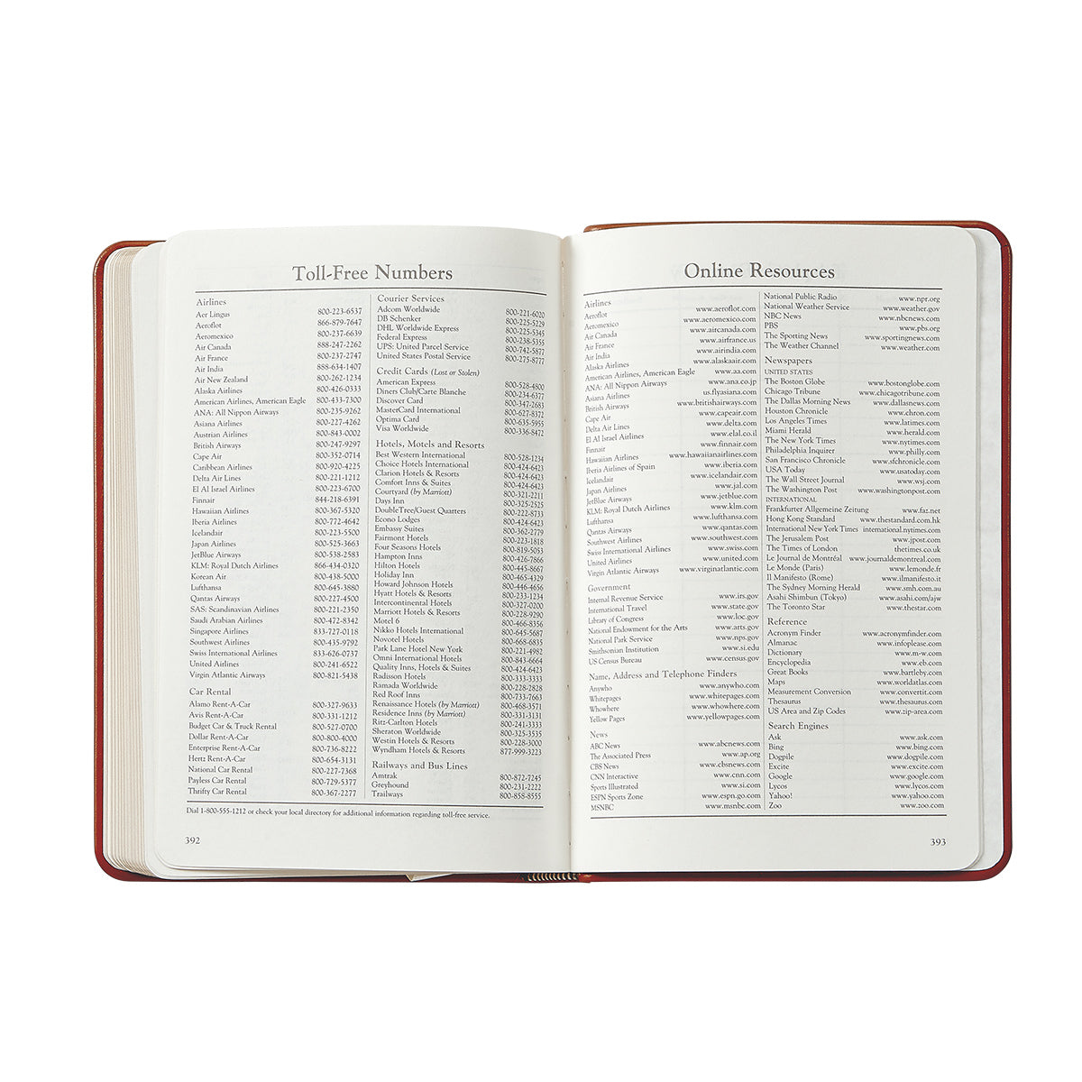 The 2026 Daily Journal Planner Collection by Graphic Image shows two open pages: the left lists toll-free service numbers, while the right, in a day-at-a-view layout, highlights online resources with website URLs.