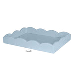 Light blue Addison Ross Scalloped Pale Denim drinks tray labeled "Small," featuring wavy edges and a glossy lacquer finish.