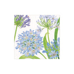 The Caspari Agapanthus Garden Collection features eco-friendly, triple-ply napkins adorned with light blue and purple agapanthus flowers and green foliage on a white background.