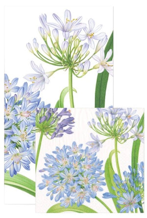 The Agapanthus Garden Collection by Caspari features eco-friendly, triple-ply napkins adorned with light purple and blue agapanthus flowers with green stems and leaves on a white background.