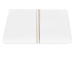 The Matouk Amara Pearl Bedding Collection in Beach features an elegant white rectangular design with three vertical gold dotted lines embroidered near the center, shown on a white background.
