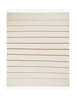 The Matouk Amelia Stripe Throw Collection features a rectangular cream-colored throw with evenly spaced thin brown horizontal stripes and fringed edges, inspired by the cozy softness of baby alpaca.