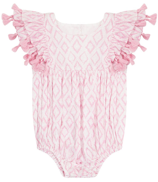 Mer St Barth Baby Girl Anna Romper with diamond pattern and ruffled cap sleeves.
