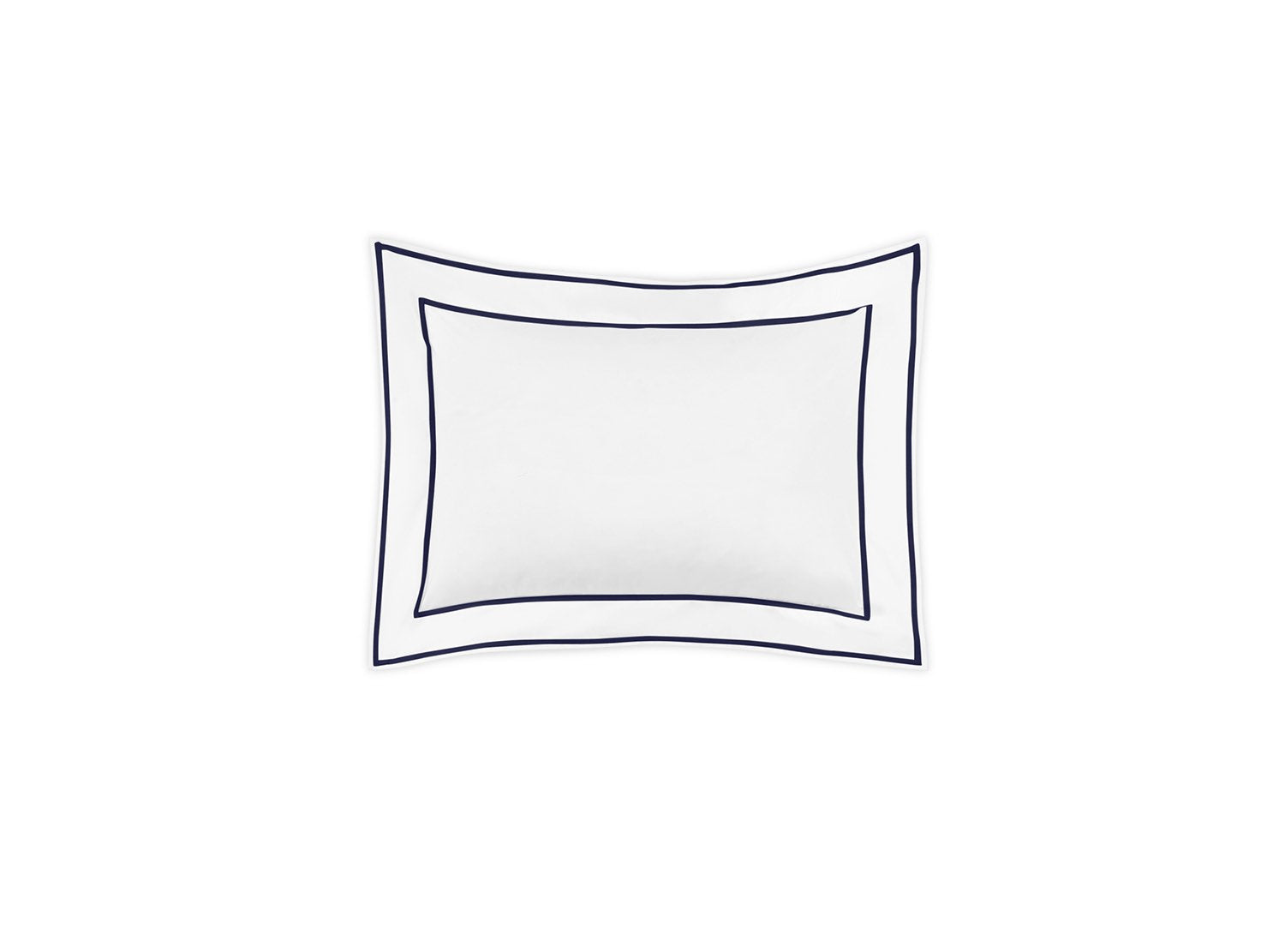 The Matouk Ansonia Bedding Collection in Navy features a white rectangular pillow with a double navy blue border and satin stitching, crafted from luxurious 500 thread count Egyptian cotton percale. Plain white background.