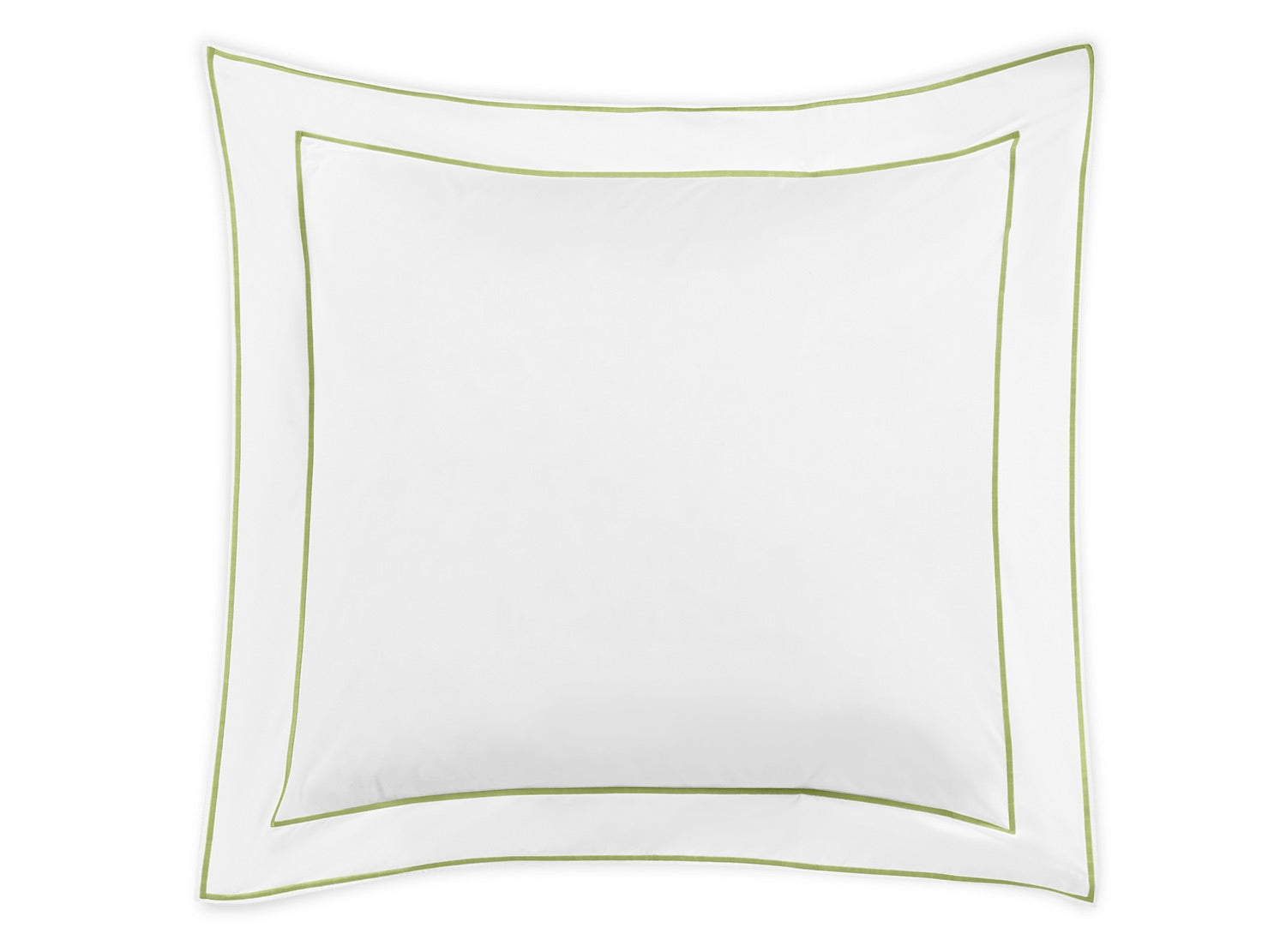 The Matouk Ansonia Bedding Collection in Leaf features a white square pillow with elegant green piping on the edges, crafted from exquisite Egyptian cotton percale.