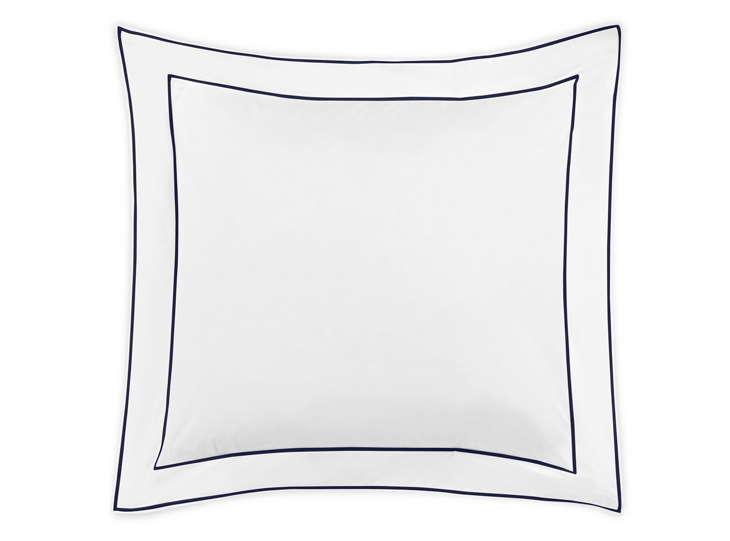 The Ansonia Bedding Collection Navy pillow by Matouk, shown from above on a white background, features square white Egyptian cotton percale with navy satin stitching and a thin dark border.