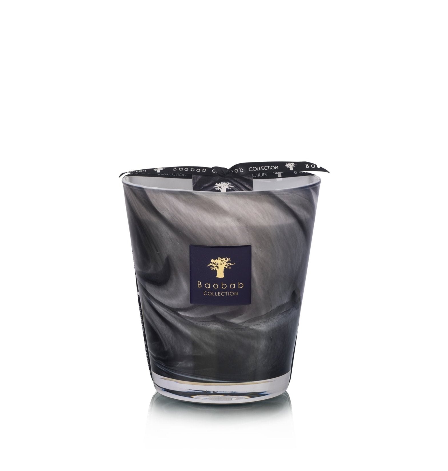 The Baobab Collection Atlas Toubkal Candle, featuring a black and gray marbled design in a glass holder with the "Baobab" label, emits the rich scent of Atlas cedar.