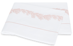 White Matouk Atoll Bedding Collection bed sheet with pink Ceylon cotton percale embroidery designs.