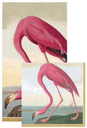 Two overlapping illustrations of pink flamingos from the Audubon Birds Collection by Caspari, set against naturalistic backgrounds—ideal for decorating eco-friendly napkins.