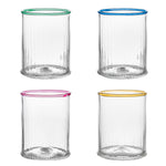 From Juliska's Nell Drinkware Collection, this set of four mouth-blown glass tumblers features green, blue, pink, and yellow rims. Expertly crafted in the Czech Republic, they're arranged in two rows of two.