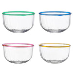 From the Juliska Nell Collection, these four mouth-blown glass bowls feature a uniform shape and size with colored rims in green, blue, pink, and yellow. Ideal for adding a vibrant touch to your cocktail gatherings.