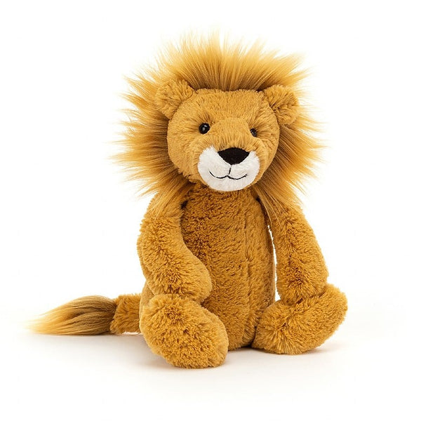 Jellycat stuffed lion - in the form of the Bashful Lion, showcased against a white background.